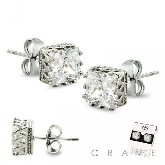 S & J - PAIR OF CROWN PRONG SQUARE CZ STUD EARRINGS: Clear---8mm