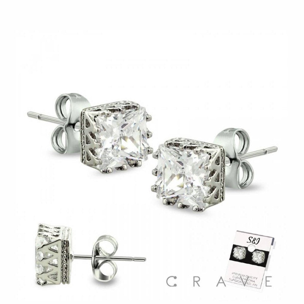 S & J - PAIR OF CROWN PRONG SQUARE CZ STUD EARRINGS: Clear---8mm