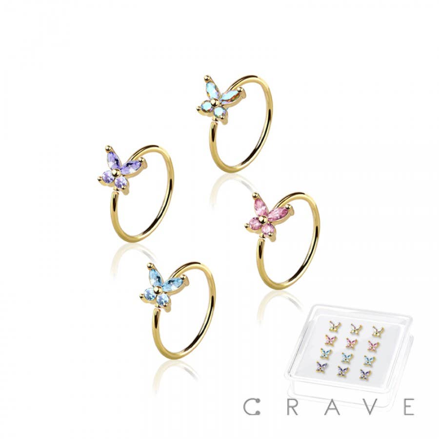 PK-NOSH -CZ PRONG BUTTERFLY 316L SS NOSE HOOP O-RING BOX: SS/MIX COLOR