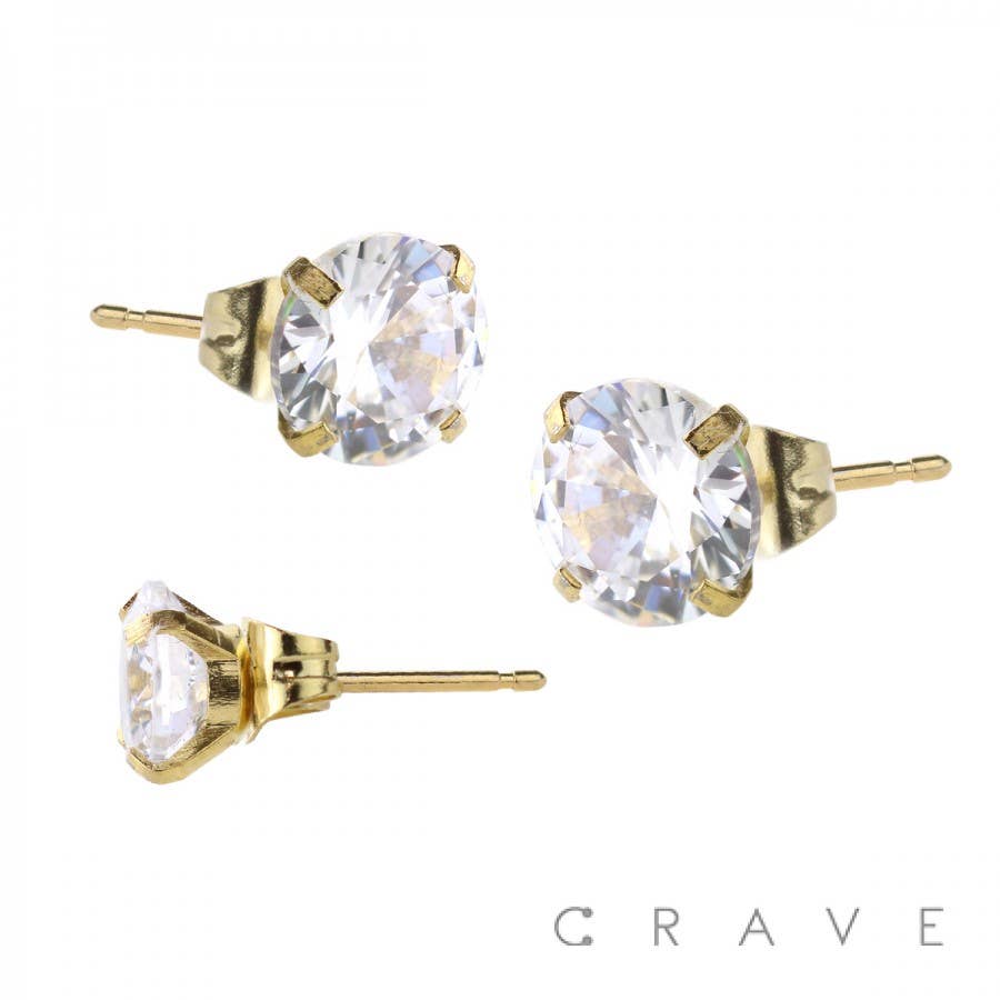 CRAVE BODY JEWELRY - PAIR OF HYPOALLERGENIC 316L SS ROUND CZ STUD EARRINGS: SS/CLEAR-20GA (0.8MM)-7/16" (11MM)-4MM