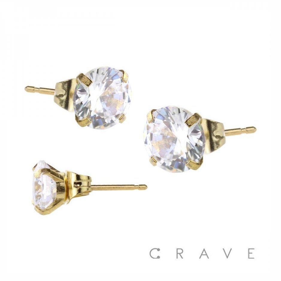 CRAVE BODY JEWELRY - PAIR OF HYPOALLERGENIC 316L SS ROUND CZ STUD EARRINGS: SS/CLEAR-20GA (0.8MM)-7/16" (11MM)-8MM