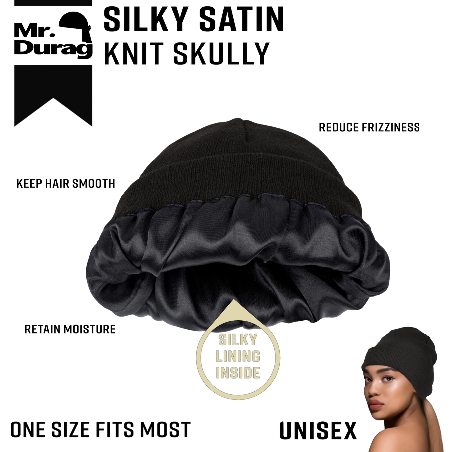 Annie International, Inc. - Mr. Durag Silky Satin Knit Skully, 1 Count Beanie, Black