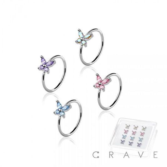 PK-NOSH -CZ PRONG BUTTERFLY 316L SS NOSE HOOP O-RING BOX: SS/MIX COLOR