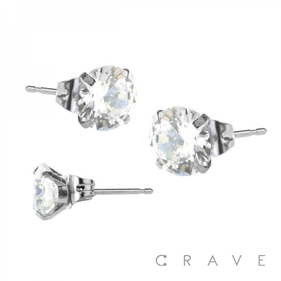CRAVE BODY JEWELRY - PAIR OF HYPOALLERGENIC 316L SS ROUND CZ STUD EARRINGS: GOLD/CLEAR-20GA (0.8MM)-7/16" (11MM)-9MM
