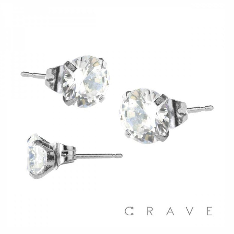 CRAVE BODY JEWELRY - PAIR OF HYPOALLERGENIC 316L SS ROUND CZ STUD EARRINGS: GOLD/CLEAR-20GA (0.8MM)-7/16" (11MM)-9MM
