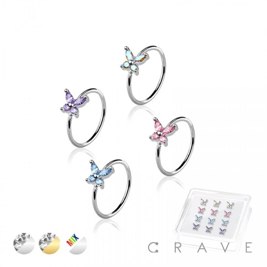 PK-NOSH -CZ PRONG BUTTERFLY 316L SS NOSE HOOP O-RING BOX: SS/MIX COLOR