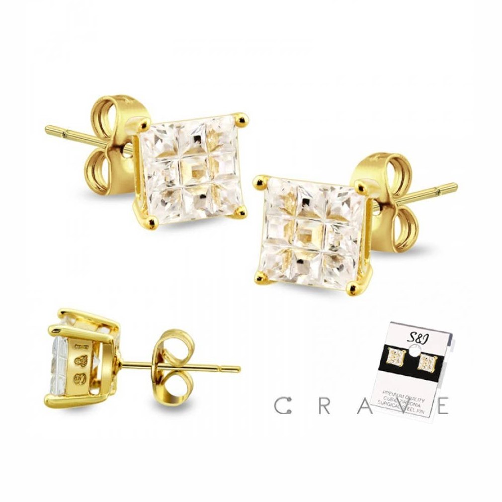 CRAVE BODY JEWELRY - GOLD PLATED PRONG MULTI FACETED SQUARE CZ STUD EARRINGS: Gold/Clear---8mm