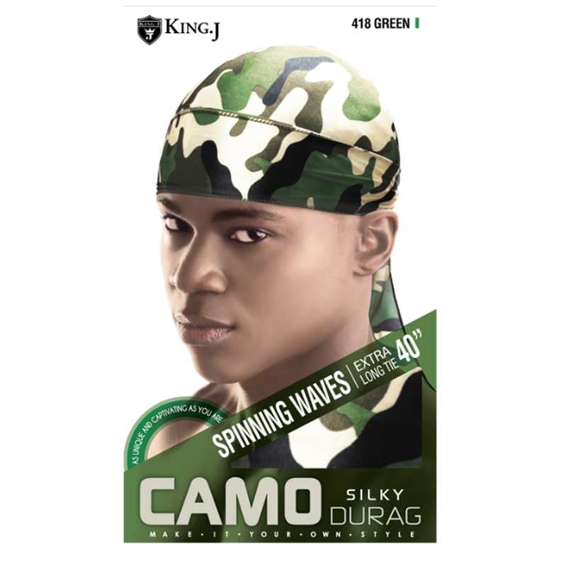KING J - CAMO SILKY DURAG - EXTRA LONG TIE - 40'' - GREEN