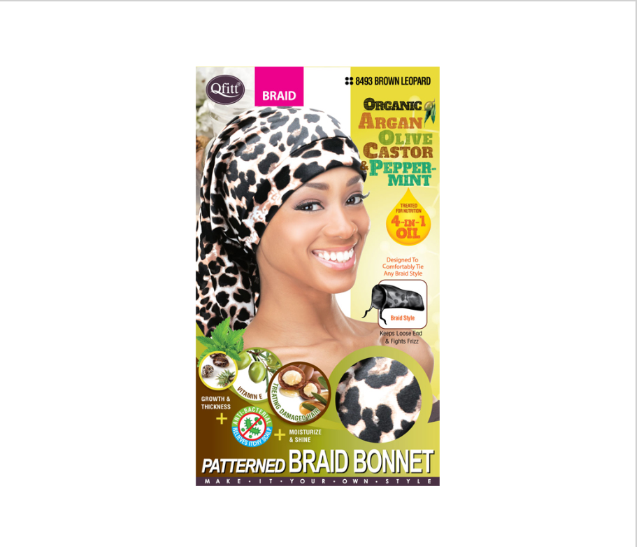 Qffit - Organic Argan Olive Casor Patterned - Braids Bonnet - Pink Leopard