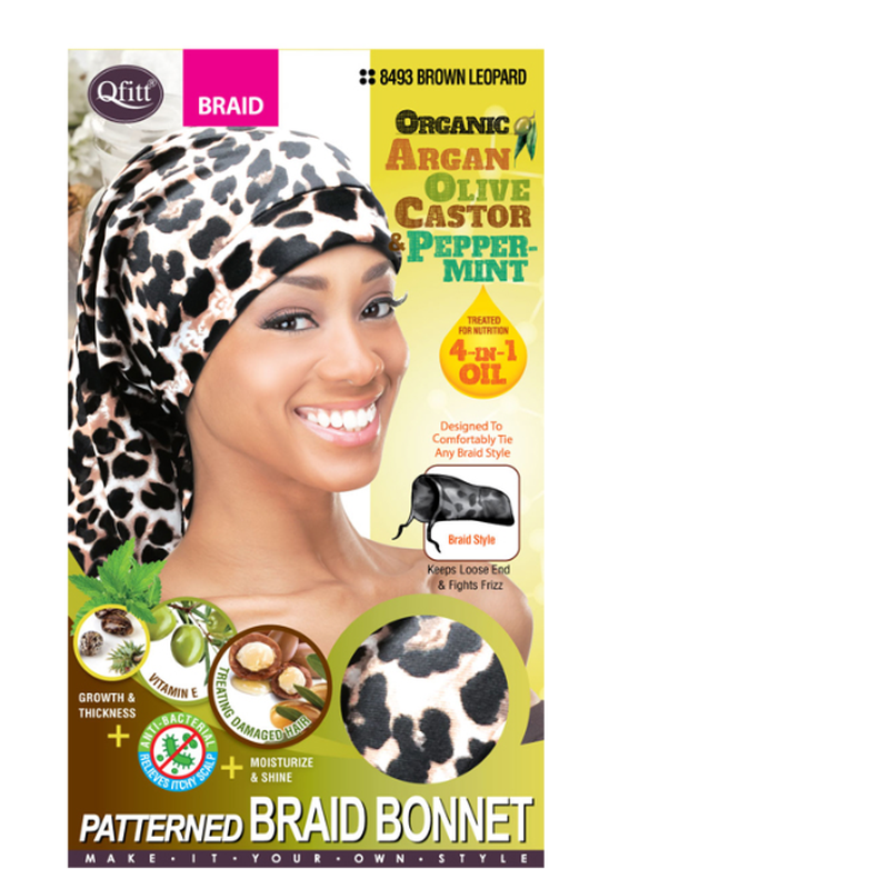 Qffit - Organic Argan Olive Casor Patterned - Braids Bonnet - Pink Leopard