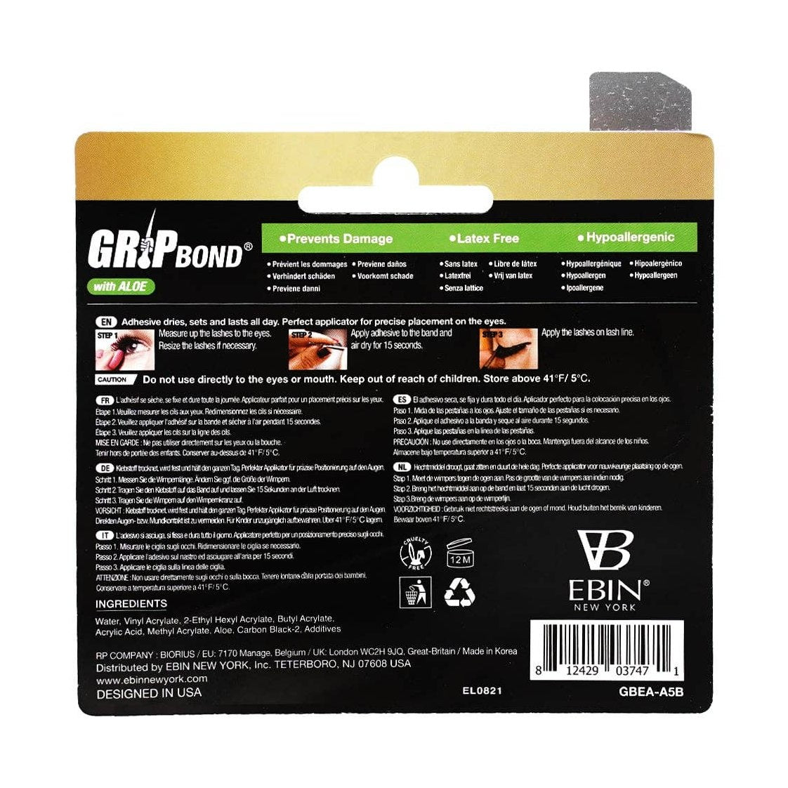 EBIN NEW YORK - GRIP BOND LASH ADHESIVE with ALOE - BLACK / BRUSH