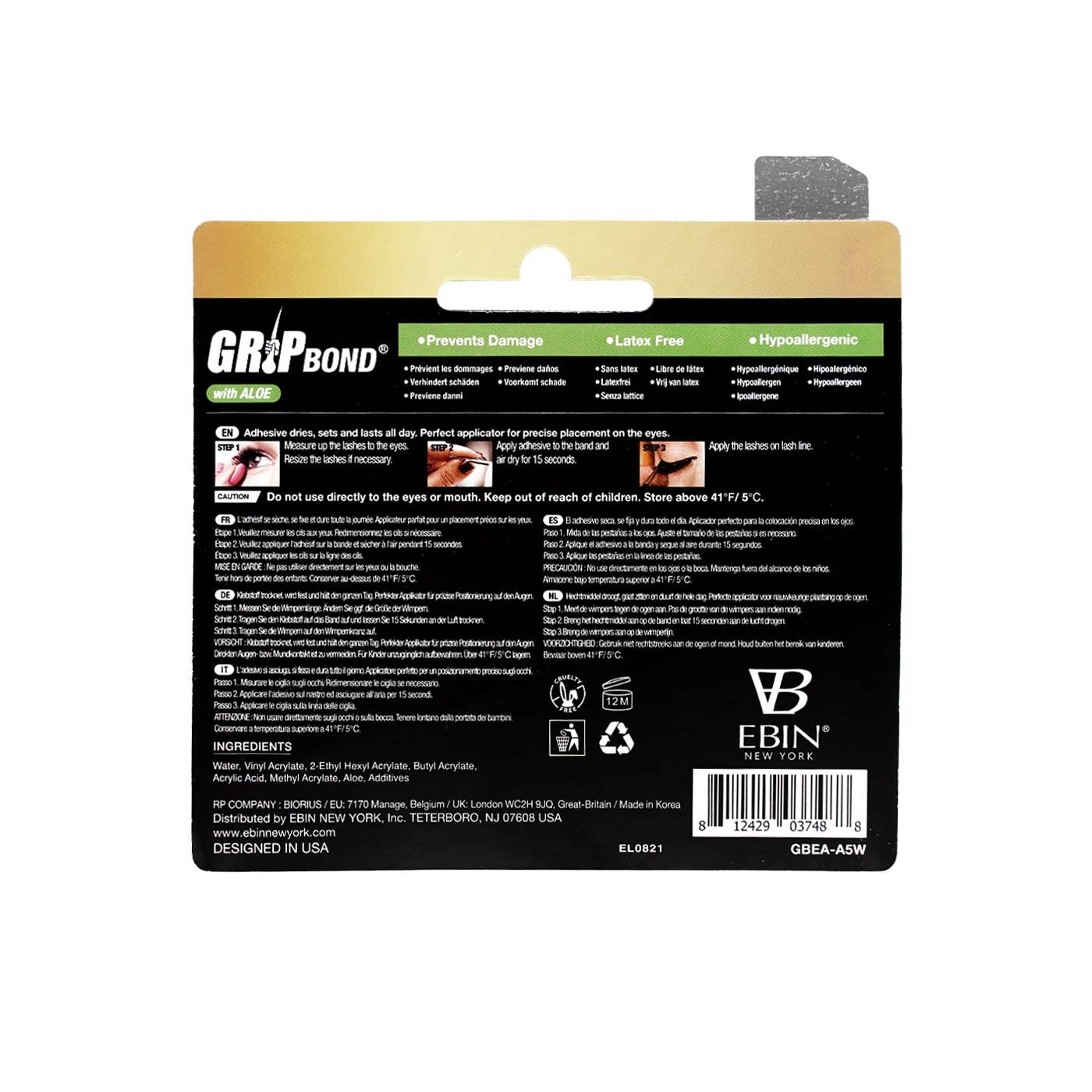 EBIN NEW YORK - GRIP BOND LASH ADHESIVE with ALOE - WHITE / BRUSH
