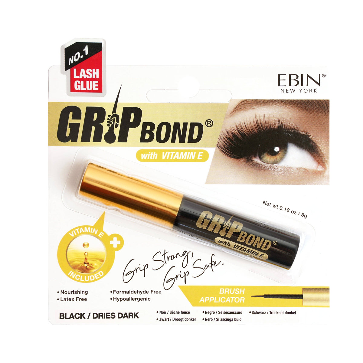 EBIN NEW YORK - GRIP BOND LASH ADHESIVE with VITAMIN E - BLACK / BRUSH