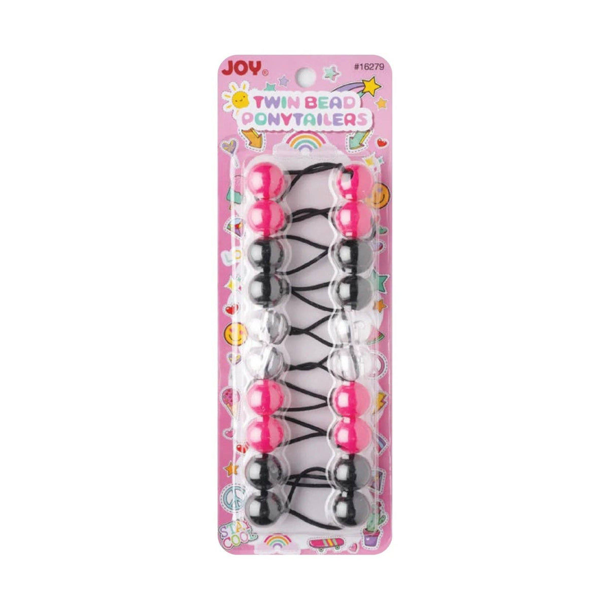 Joy Twin Beads Ponytailers 10Ct Black Pink & Clear
