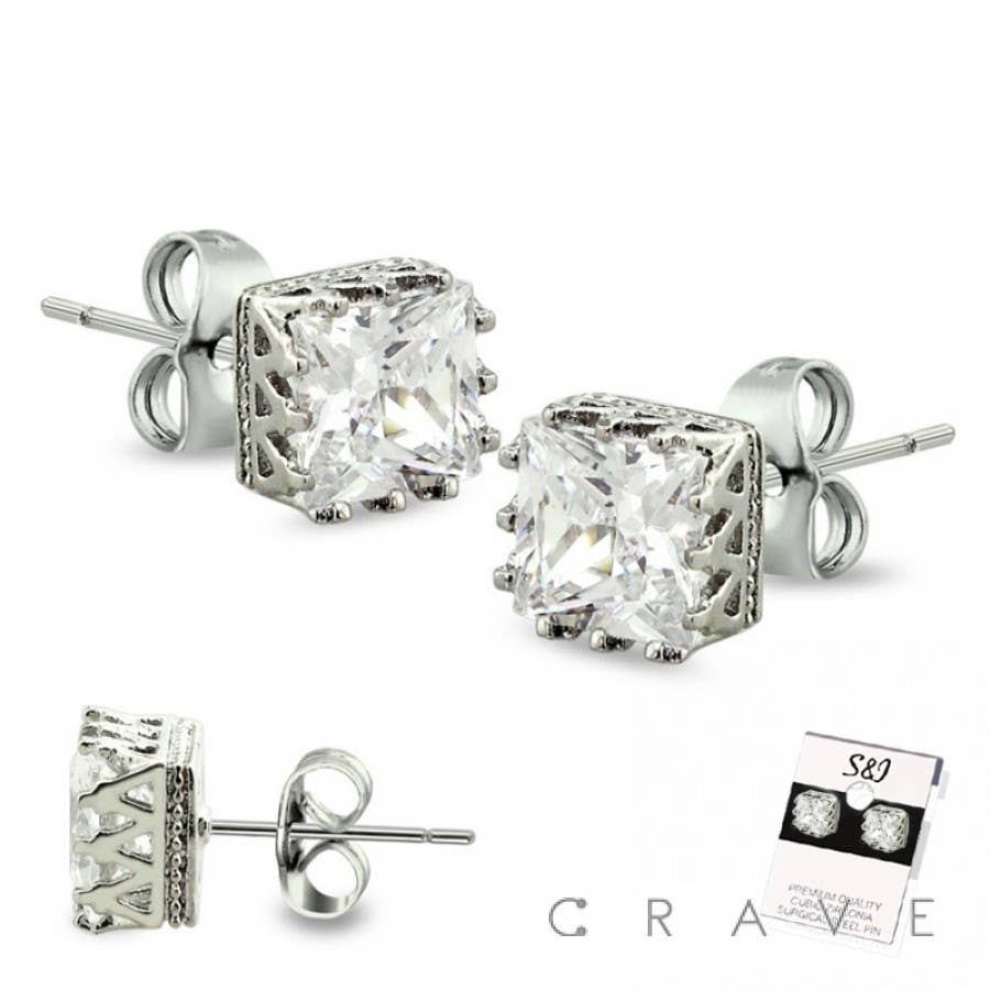 S & J - PAIR OF CROWN PRONG SQUARE CZ STUD EARRINGS: Clear---8mm