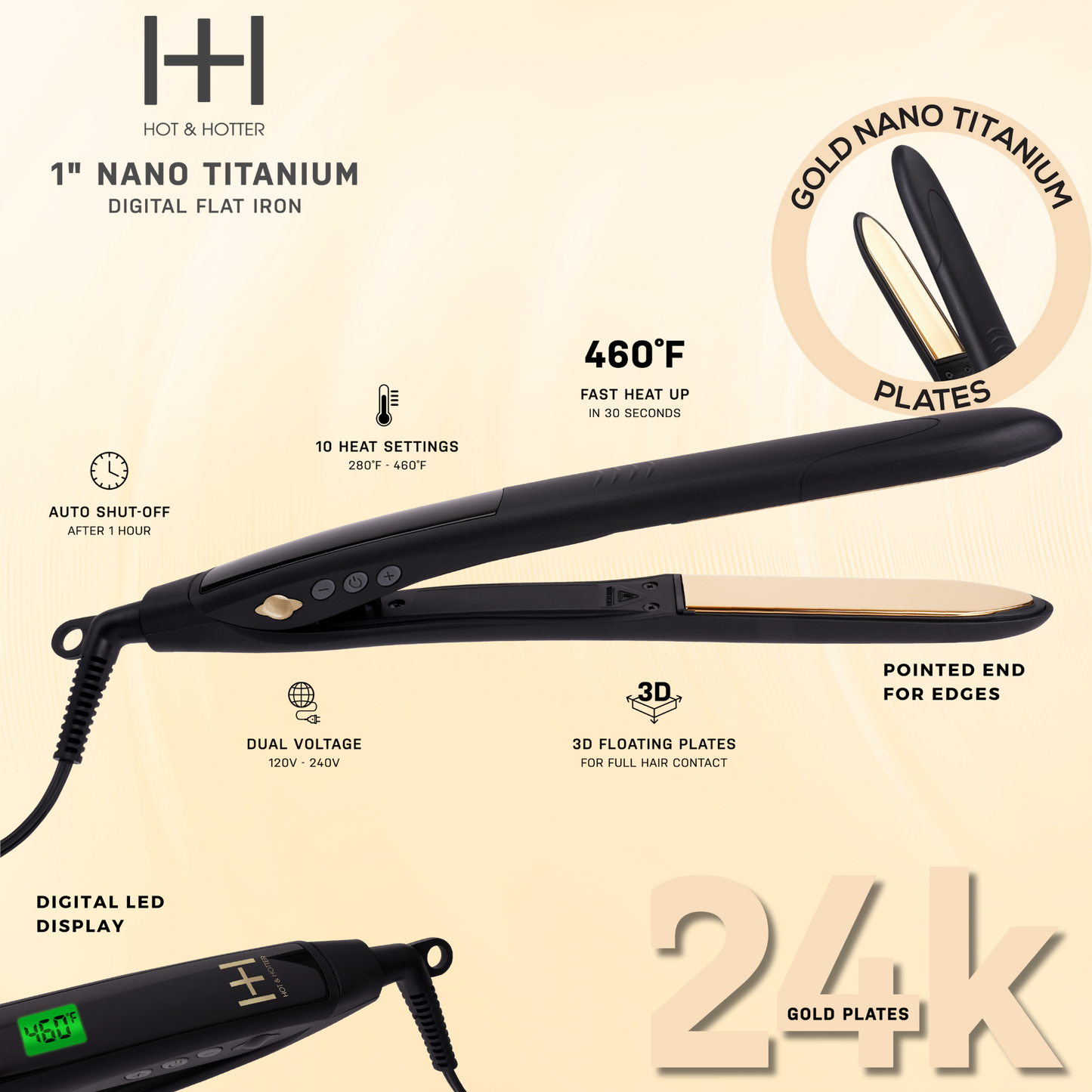 Hot & Hotter Digital Nano Titanium Gold Flat Iron 1in, Black