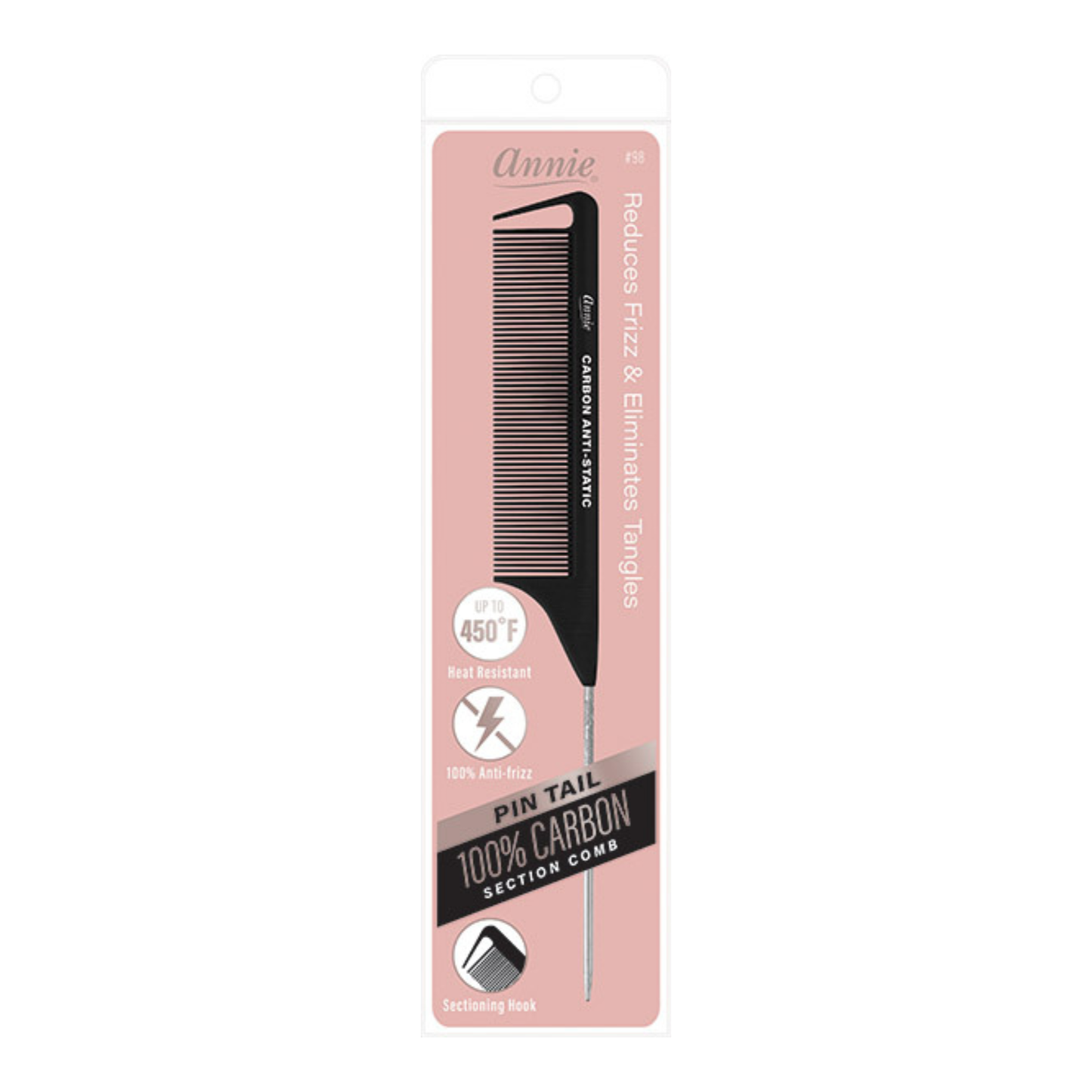 Annie International, Inc. - Annie Carbon Fiber Pin Tail Comb, 1 Count, Black
