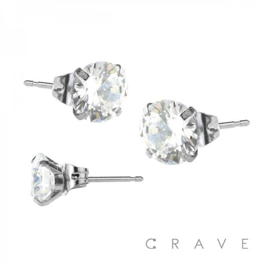 CRAVE BODY JEWELRY - PAIR OF HYPOALLERGENIC 316L SS ROUND CZ STUD EARRINGS: SS/CLEAR-20GA (0.8MM)-7/16" (11MM)-4MM