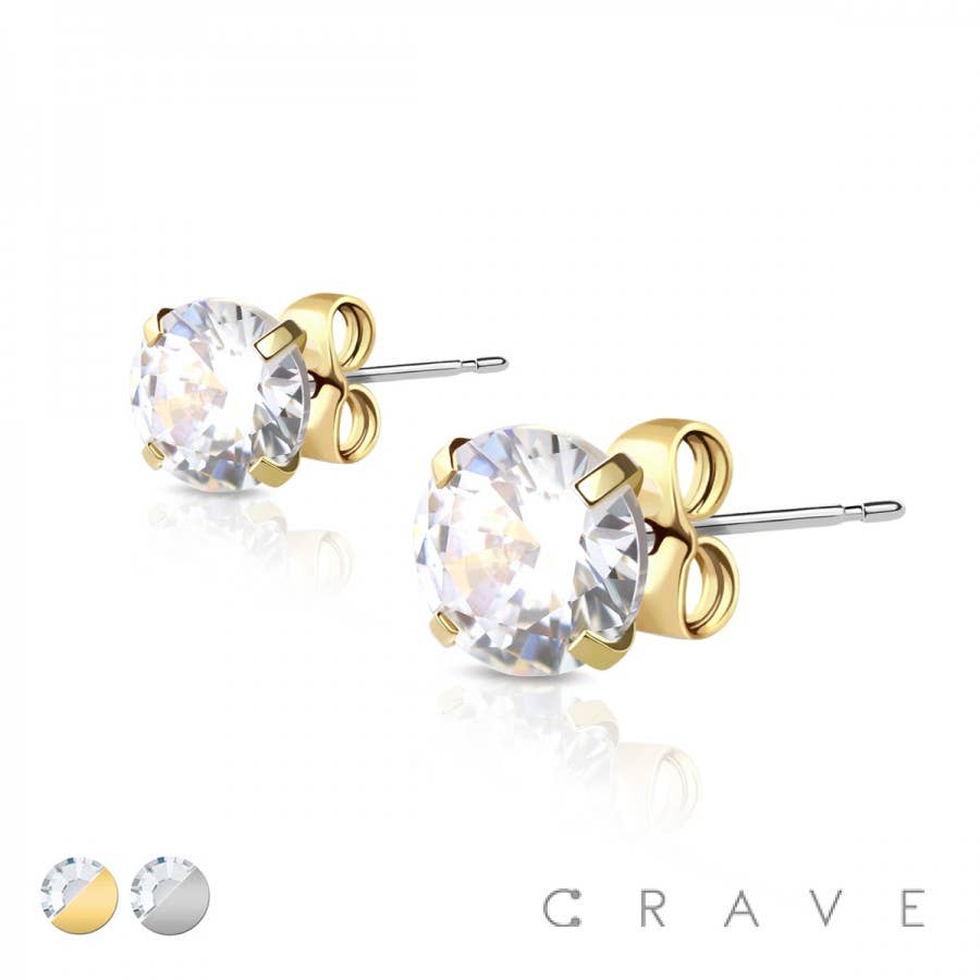 CRAVE BODY JEWELRY - PAIR OF HYPOALLERGENIC 316L SS ROUND CZ STUD EARRINGS: GOLD/CLEAR-20GA (0.8MM)-7/16" (11MM)-9MM