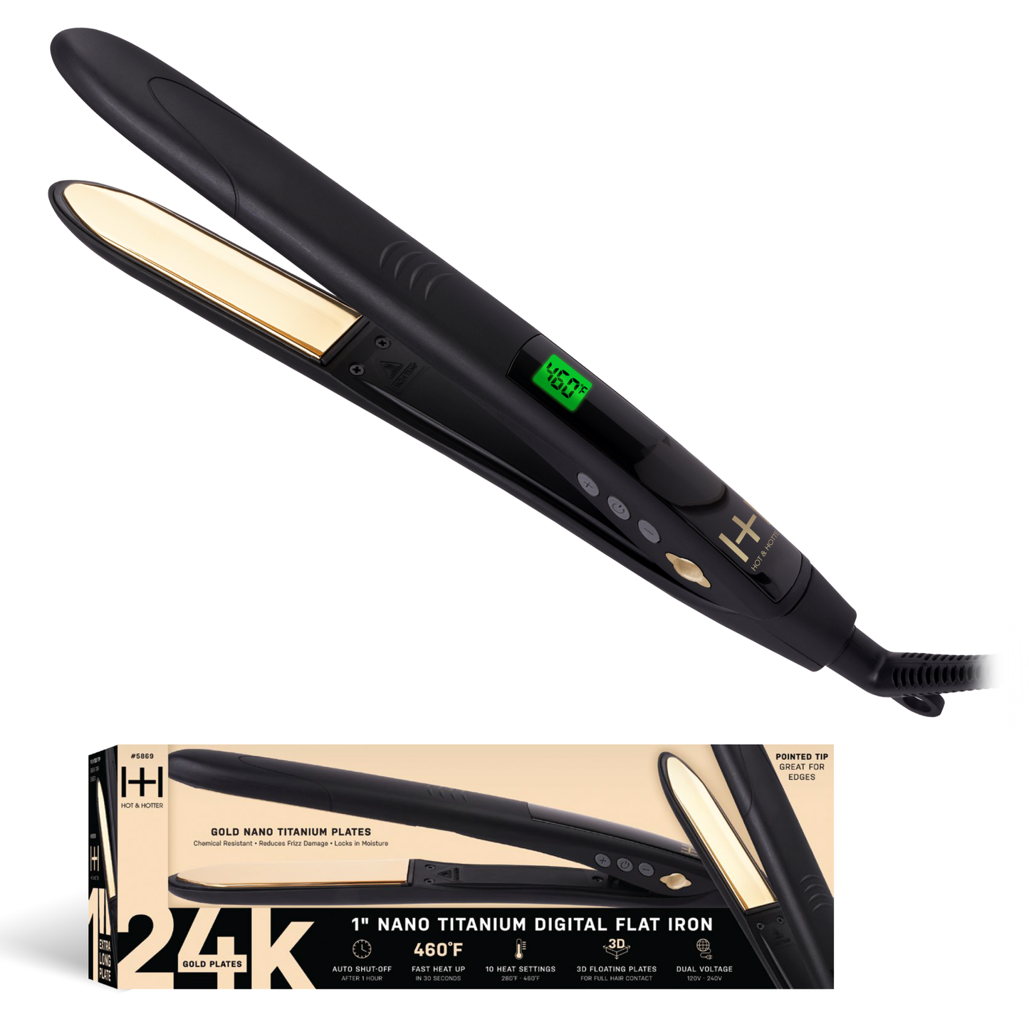 Hot & Hotter Digital Nano Titanium Gold Flat Iron 1in, Black