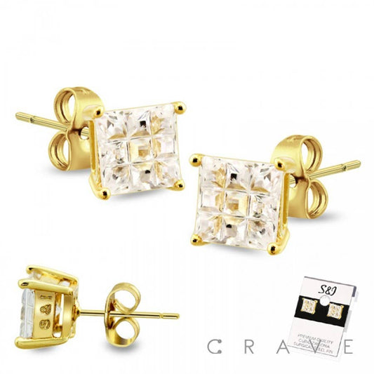 CRAVE BODY JEWELRY - GOLD PLATED PRONG MULTI FACETED SQUARE CZ STUD EARRINGS: Gold/Clear---8mm