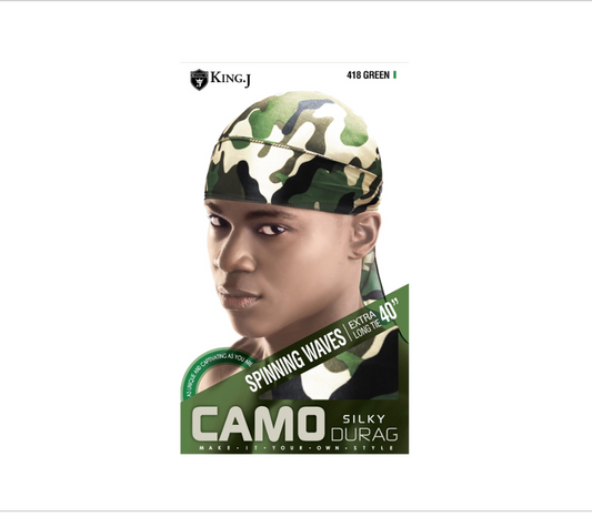 KING J - CAMO SILKY DURAG - EXTRA LONG TIE - 40'' - GREEN