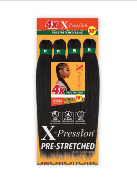 4X X-Pression 38-inch pre-stretched braiding hair in its original packaging.