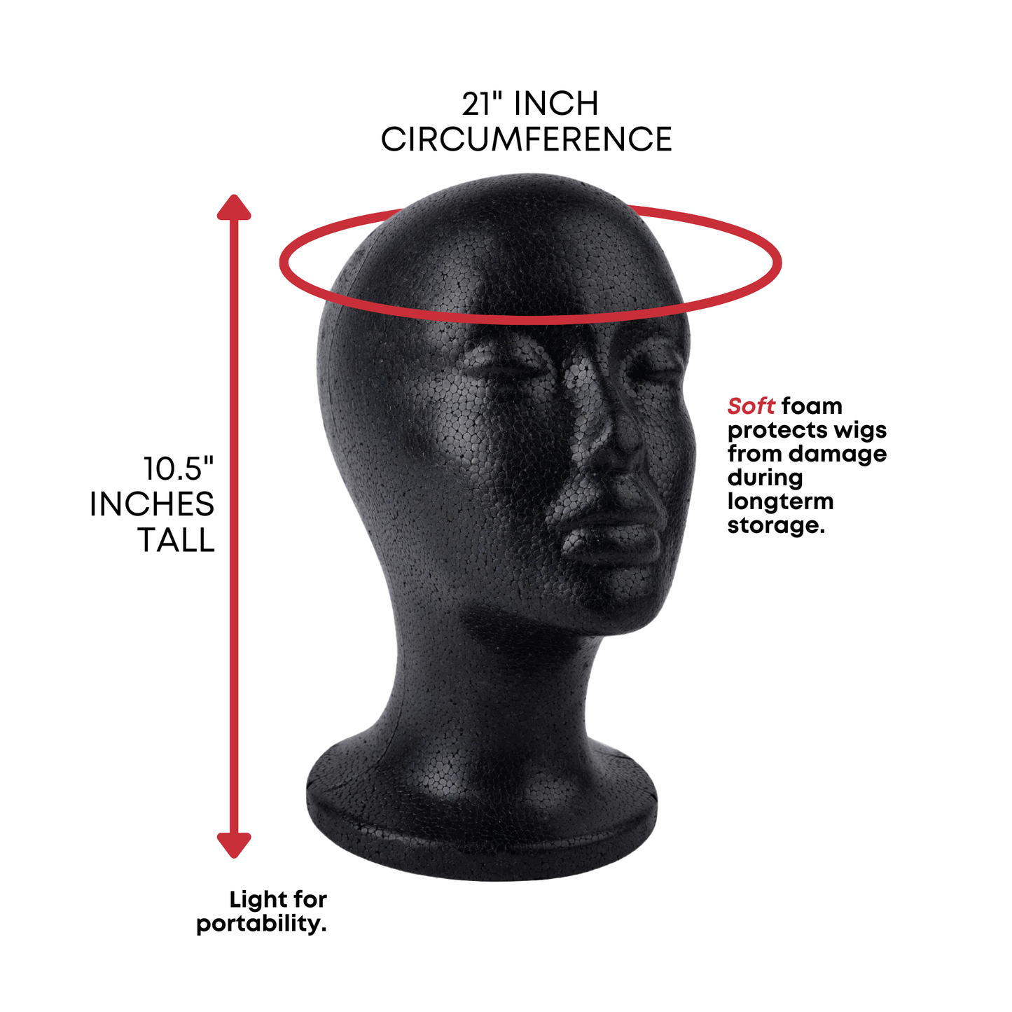 Annie International, Inc. - Annie Foam Wig Head, 21" Polystyrene Hair Display, Black