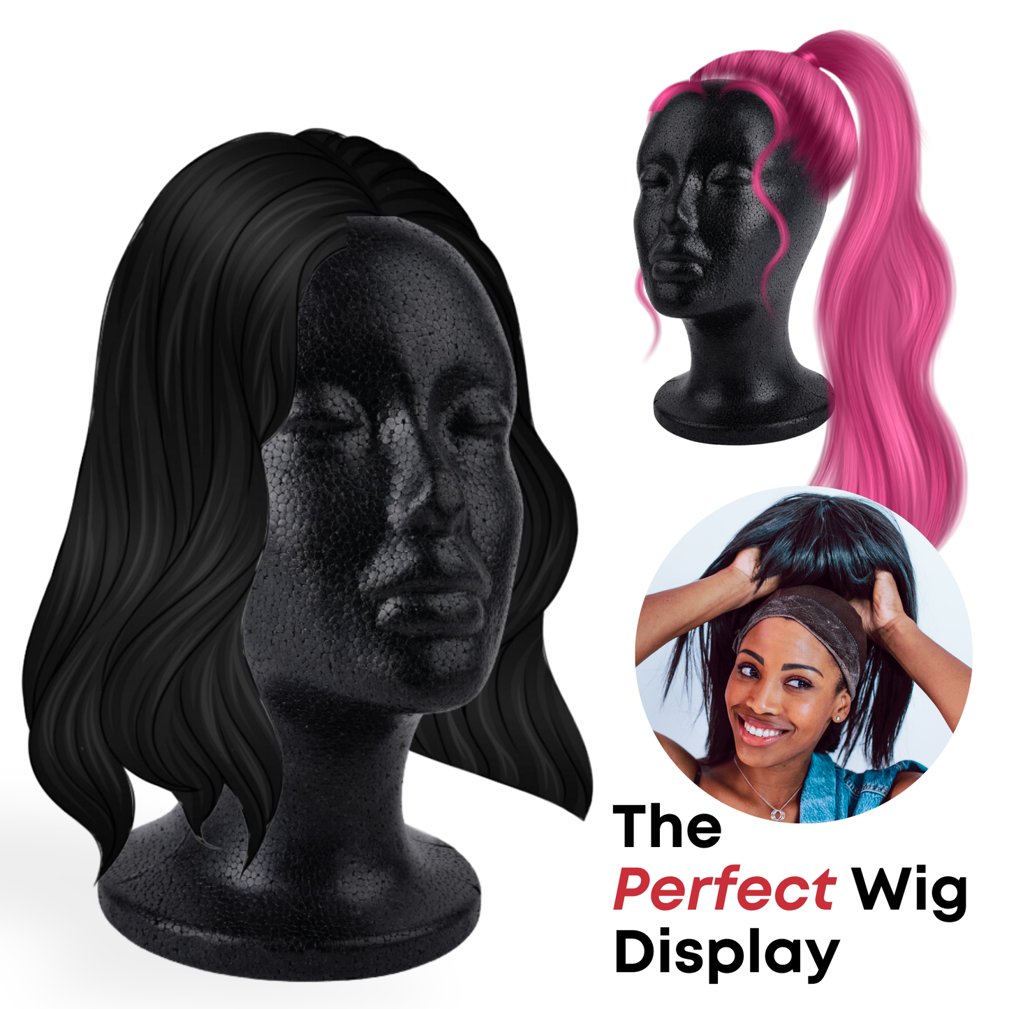 Annie International, Inc. - Annie Foam Wig Head, 21" Polystyrene Hair Display, Black