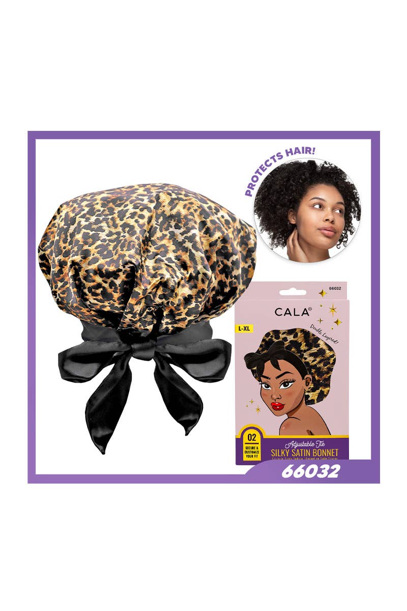 PINEAPPLE Beauty - CALA 66032 Adjustable Tie Silky Satin Bonnet Leopard