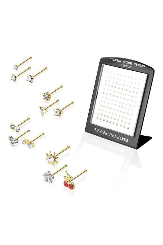 SILVER MIX DESIGN NOSE BONE STUD L-STAND: GOLD / MIXED-22GA (0.6MM)-7MM-ASSORTED